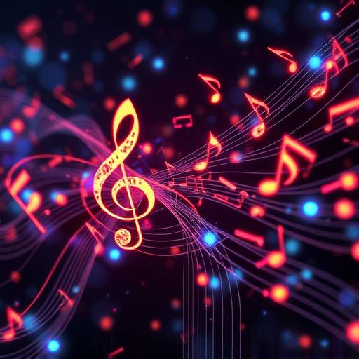 AI Composed Music, visualizing music notes and AI circuitry