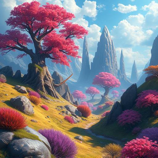 AI Generated Game Art showing a vibrant fantasy landscape with detailed textures